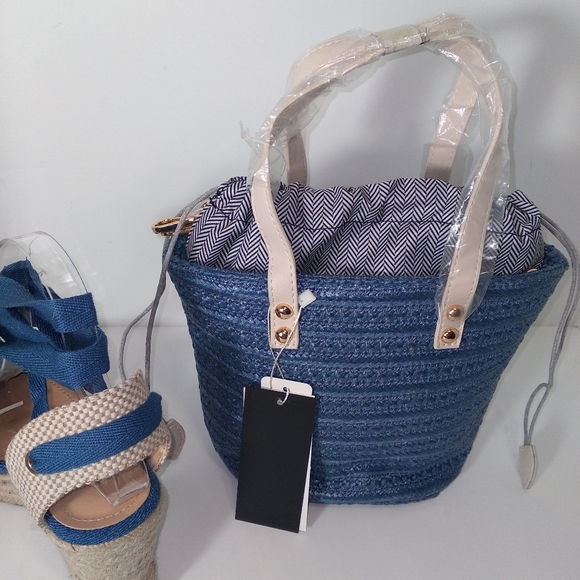Denim Blue Size 8 Tie Up Espadrille Wedges & Mini Denim Tote Bag Bundle - Picture 3 of 9